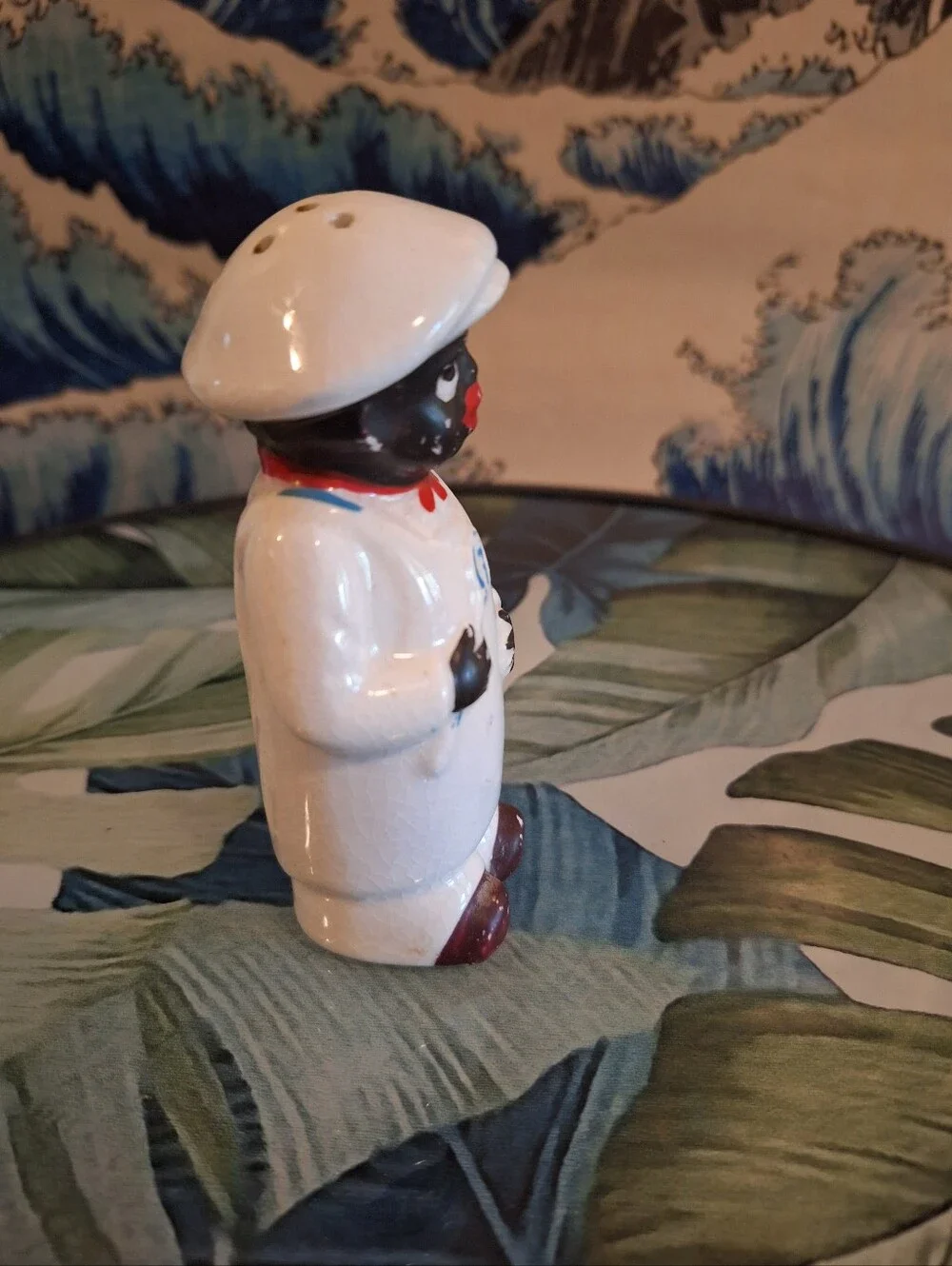Vintage Single Shaker Ceramic Chef in White Coat with Red Accent